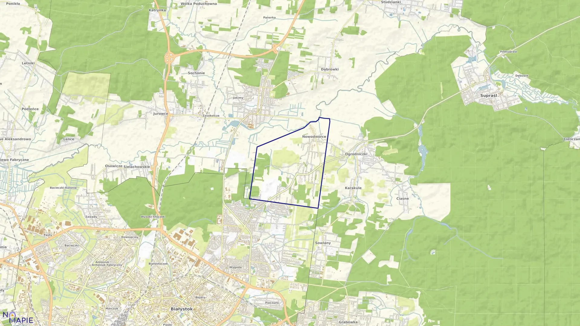 Mapa obrębu NOWODWORCE w gminie Wasilków